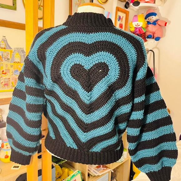 Handmade Crochet Heart Sweater Black Teal Balloon Sleeve Chunky Knit Turtleneck - Picture 3 of 7